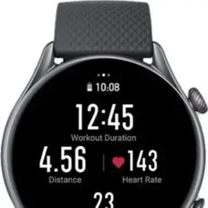 Sleek Amazfit GTR 4 smartwatch displaying health tracking features.