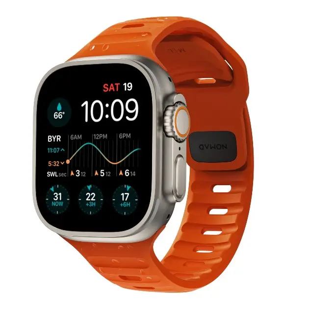 Close-up of Apple Watch Ultra showcasing its rugged design and premium titanium build.