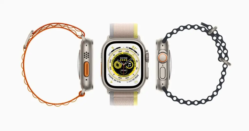Close-up of Apple Watch Ultra showcasing performance stats and extended battery life features