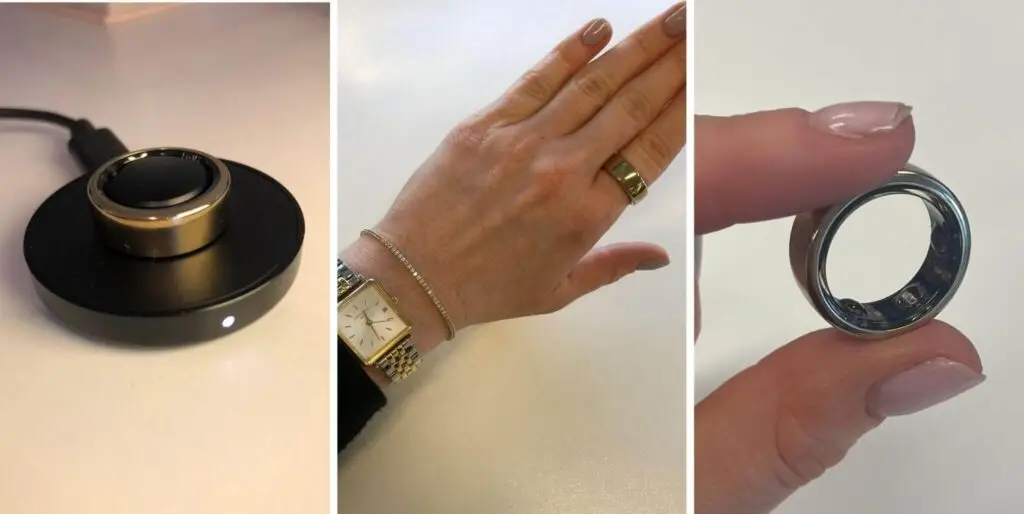 Oura Ring Gen 3 displayed on a finger and charger.