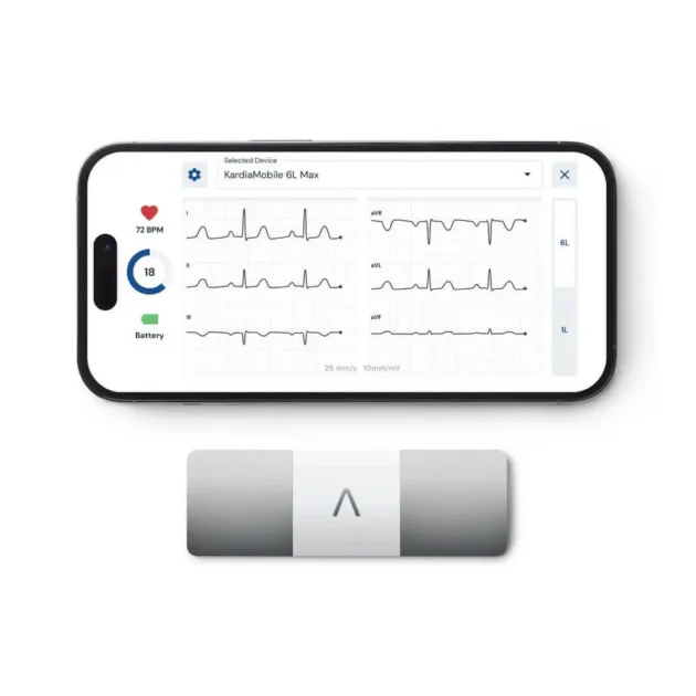 Close-up of KardiaMobile 6L’s six-lead ECG design