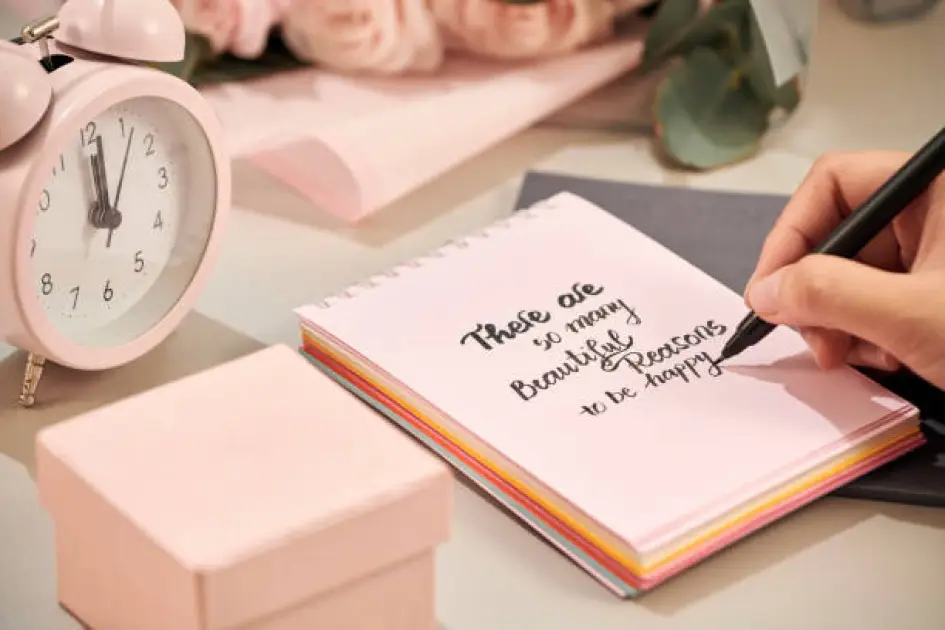 Open journal with handwritten affirmations surrounded by soft light and calming decor, symbolizing self-love and reflection.