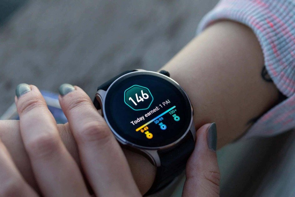 Amazfit smartwatch with leather strap on wrist in daily wear setting