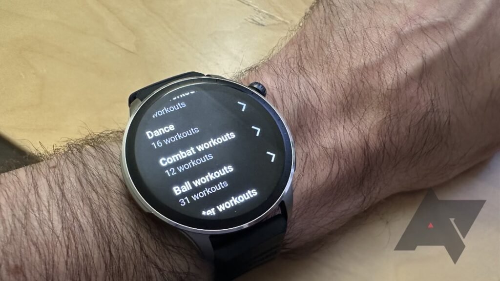 Sleek Amazfit smartwatch showcasing performance and fitness features on screen.