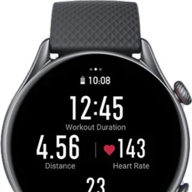 Sleek Amazfit smartwatch displaying health tracking features.