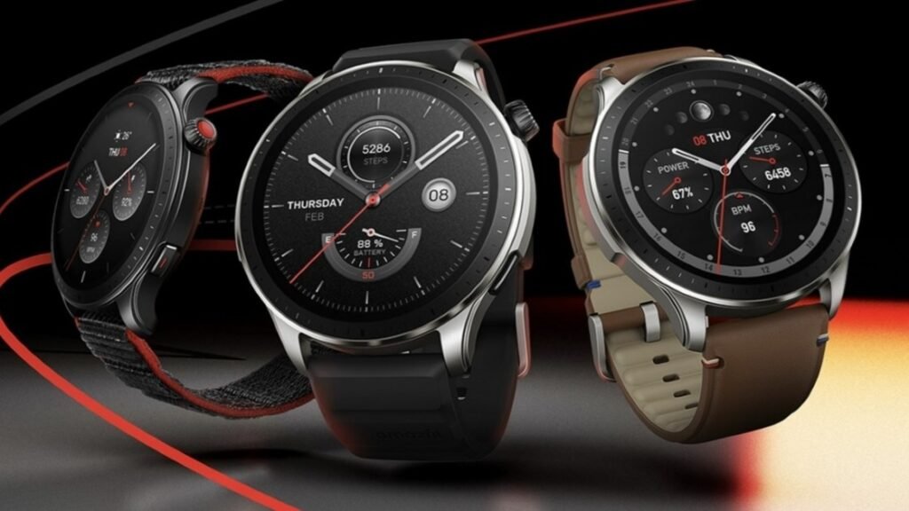 Close-up of the Amazfit smartwatch in use, showing health stats on screen during a fitness activity.