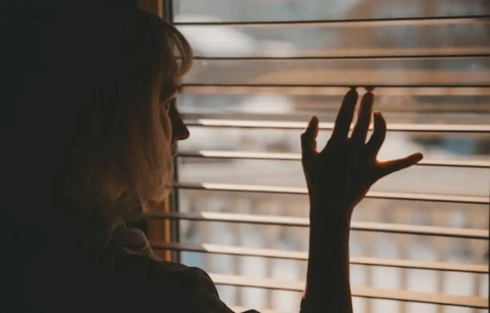 A solitary figure sitting in a dimly lit room, gazing out a window, embodying emotional isolation and anxiety.