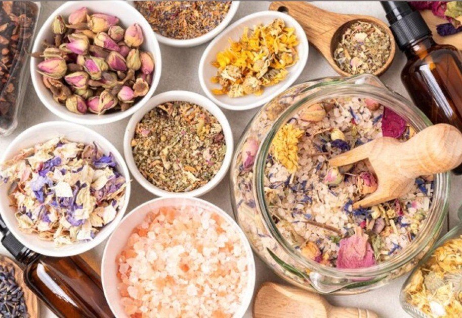 Adaptogenic Ayurvedic herbs promoting stress relief and inner balance