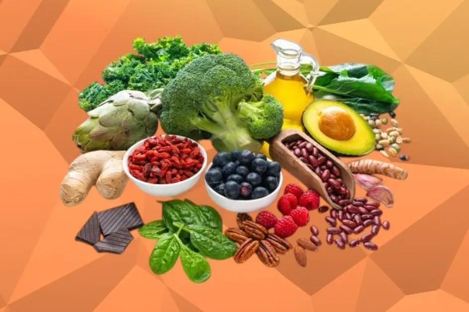 A colorful assortment of nutrient-dense superfoods like avocado, broccoli, spinach, and ginger on a rustic wooden table, symbolizing health and longevity.