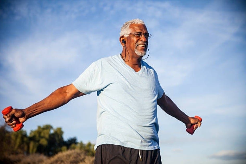 Senior exercising to improve bone health and prevent osteoporosis.