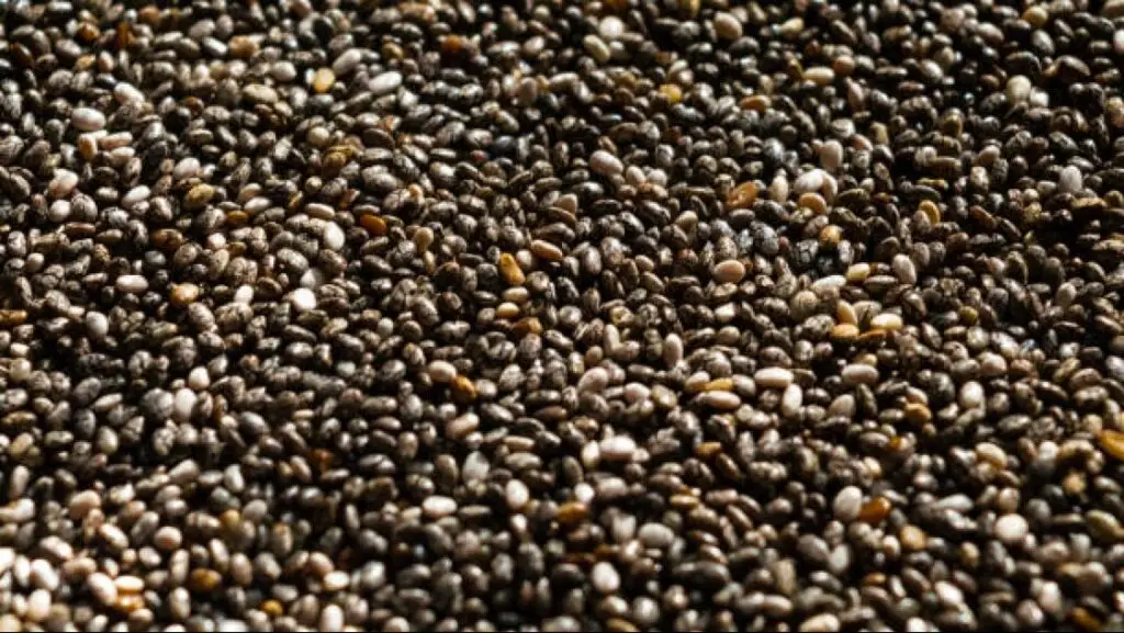 Close-up of chia seeds spilling from a wooden spoon, symbolizing ancient heart health secrets.