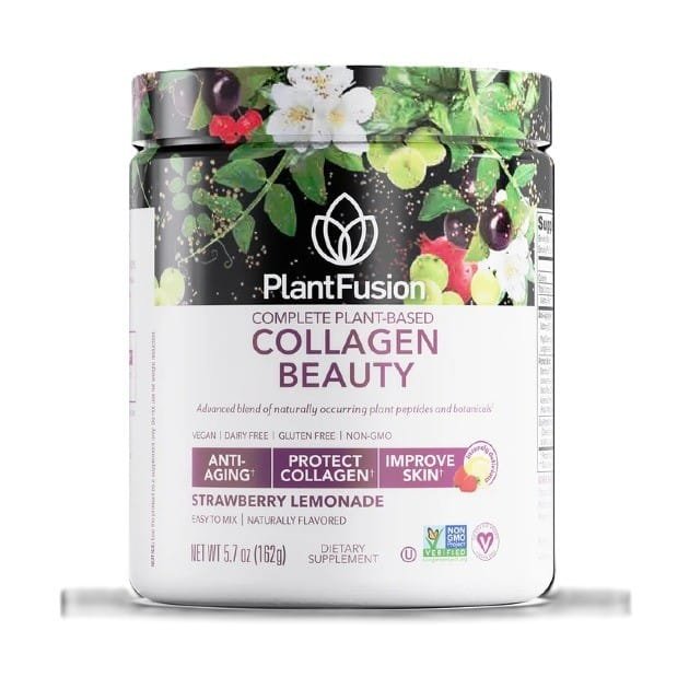 Collagen peptides powder with scoop and glowing skin benefits concept