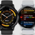 Close-up of Garmin Venu 3 smartwatch displaying fitness tracking features on a vibrant screen