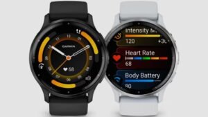 Close-up of Garmin Venu 3 smartwatch displaying fitness tracking features on a vibrant screen
