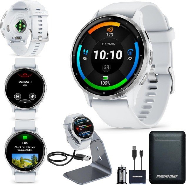 Garmin Venu 3 smartwatch displaying fitness stats