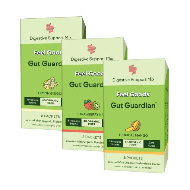 Powerful gut health supplement labeled Gut Guardian with natural elements and a shield symbol, representing digestive protection.