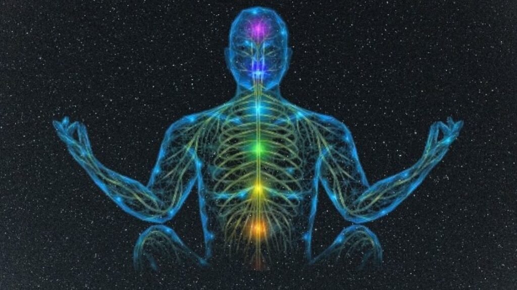 An illustration of an image meditating with glowing neural pathways and energy lines connecting the brain and body.