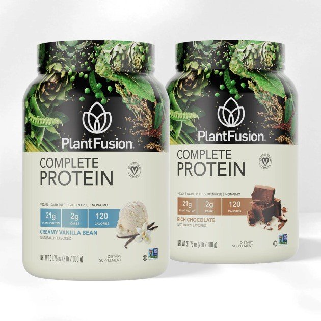 Minimalist pack of vegan protein powder on clean background