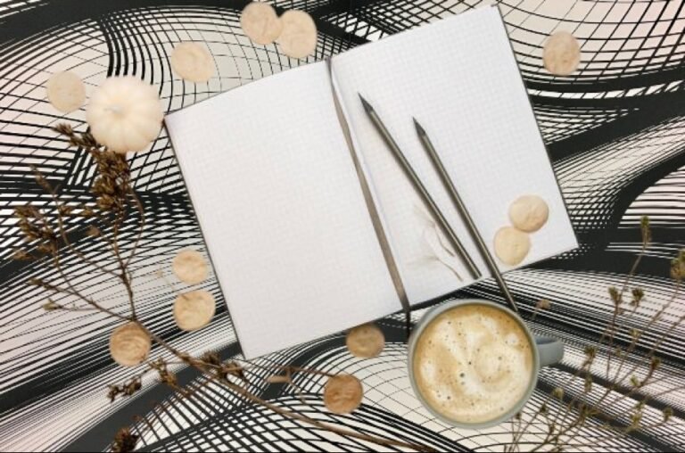Open journal with calming surroundings, symbolizing peace and self-care.