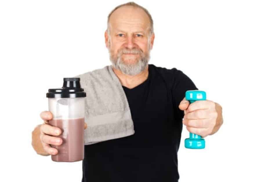 Senior exercising with supplements for better health and fitness.