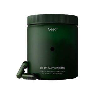 Close-up of Synbiotic Restore supplement bottle