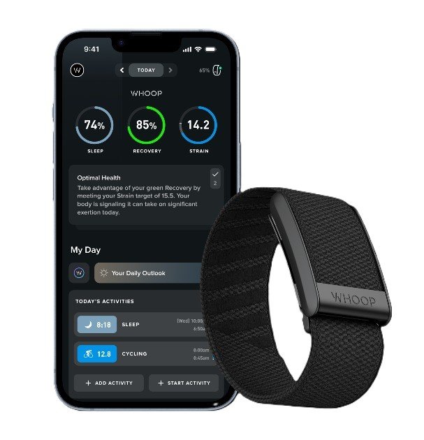 Whoop 5.0 wearable showing real-time wellness insights