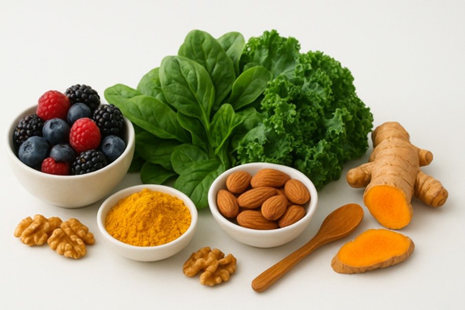 Colorful array of anti-inflammatory foods including berries, leafy greens, nuts, and turmeric that naturally calm inflammation.