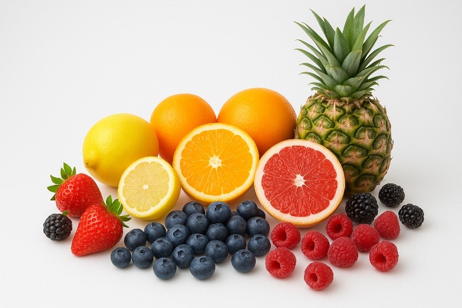 Colorful assortment of anti-inflammatory fruits including berries, citrus, and pineapple on a white background