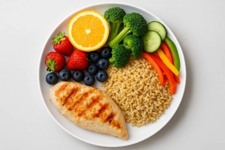 Colorful plate of fruits, vegetables, lean protein, and whole grains showing a balanced diet for healthy living.