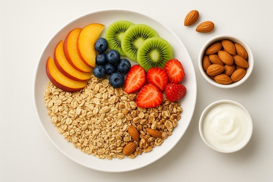 Healthy breakfast makeover with colorful fruits, whole grains, and nuts for all-day energy