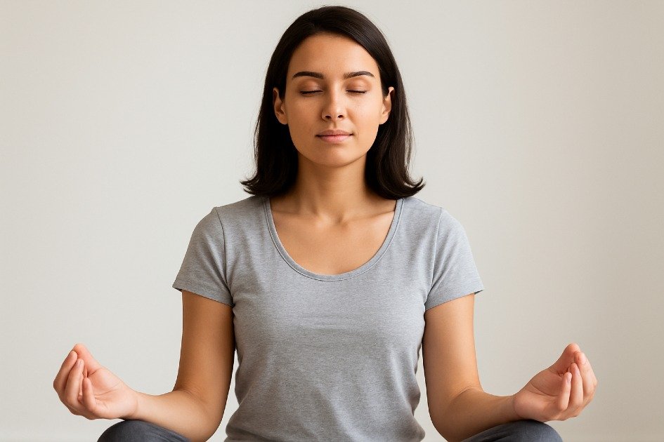 Calm woman practicing deep breathing and relaxation techniques for stress relief