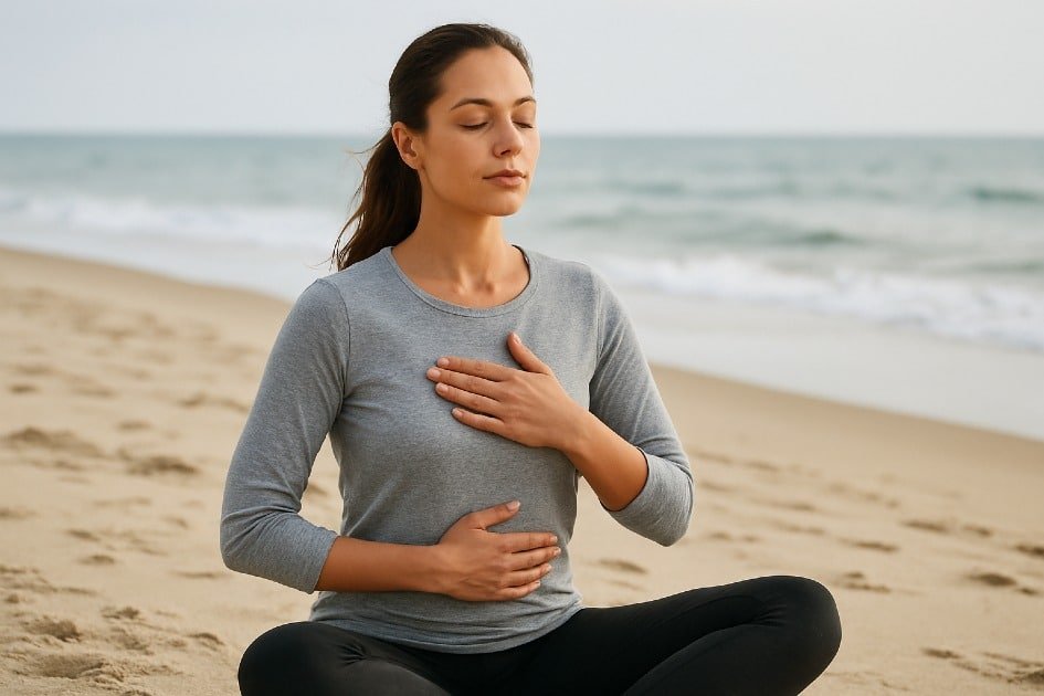 Woman practicing deep breathing exercise outdoors to calm the nervous system and reduce stress