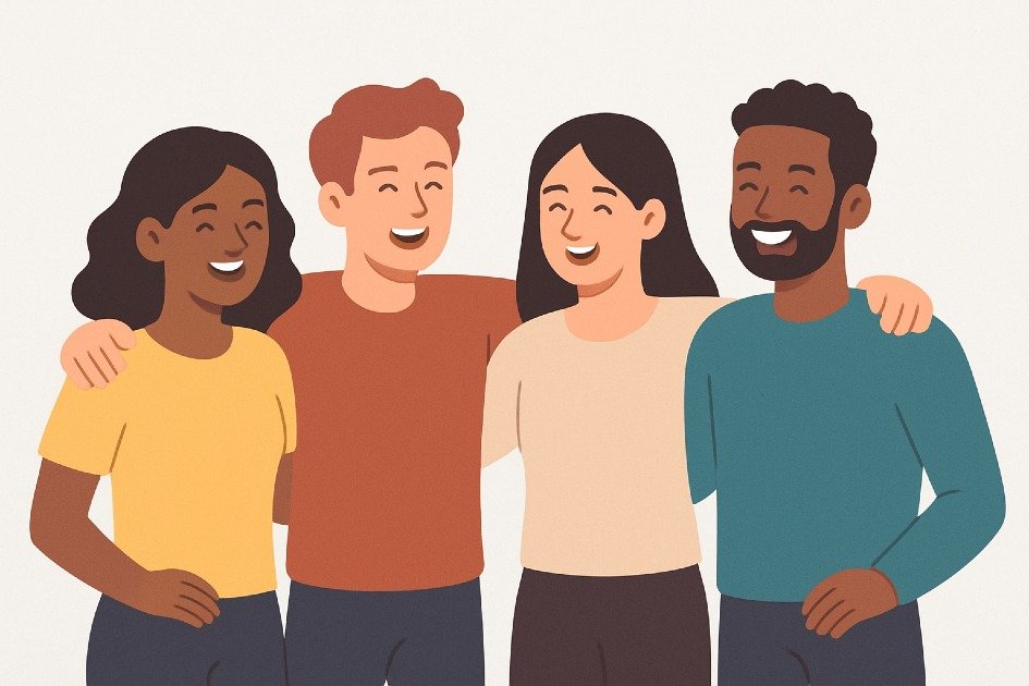 Smiling friends supporting each other, symbolizing strong and healthy relationships.