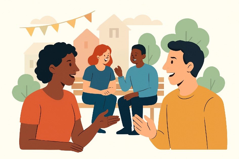 People enjoying meaningful conversations in a vibrant community setting