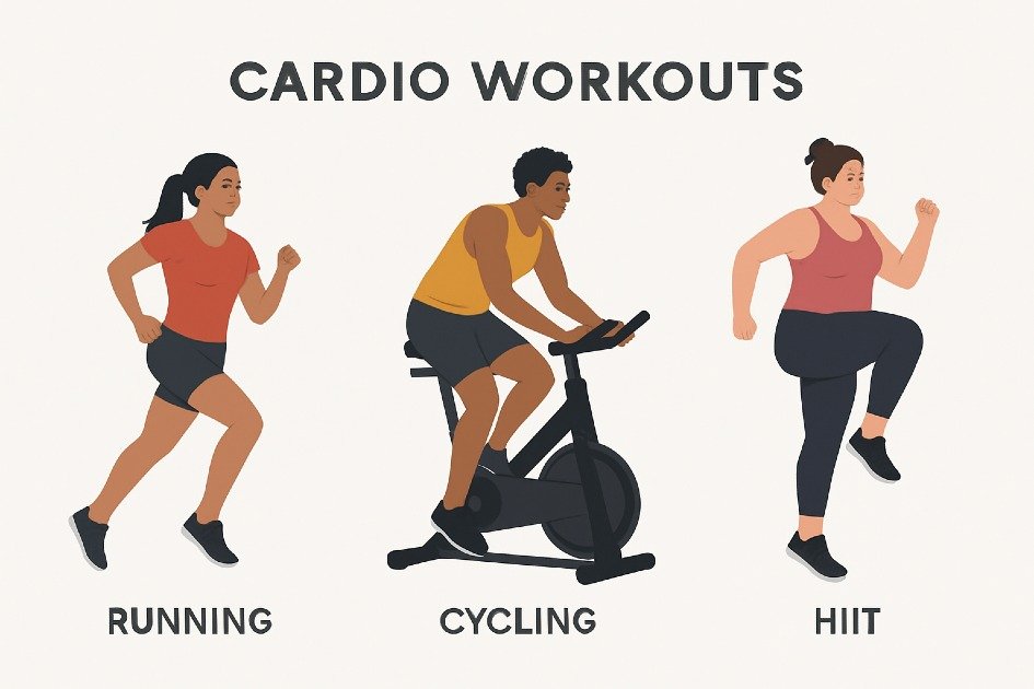 Diverse cardio workouts including running, cycling, and HIIT to boost fitness and burn calories.