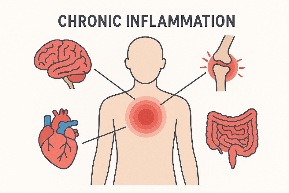 Illustration of chronic inflammation affecting human health and organs
