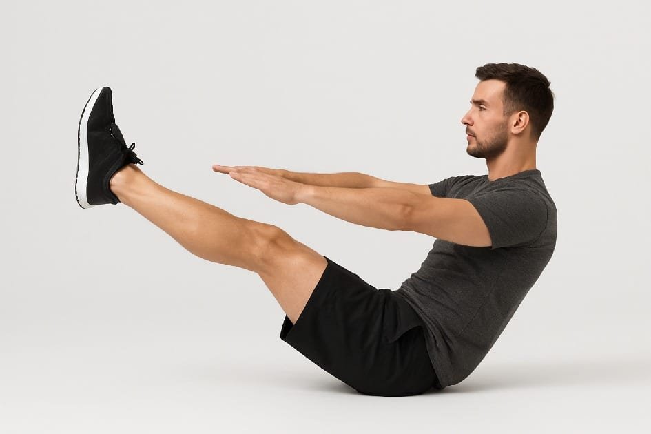 Person performing core strengthening exercise, highlighting abdominal and back muscles for stability and strength.