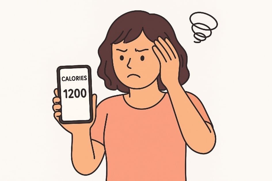 A frustrated person tracking calories on a phone, highlighting why strict calorie counting can be misleading for real health.