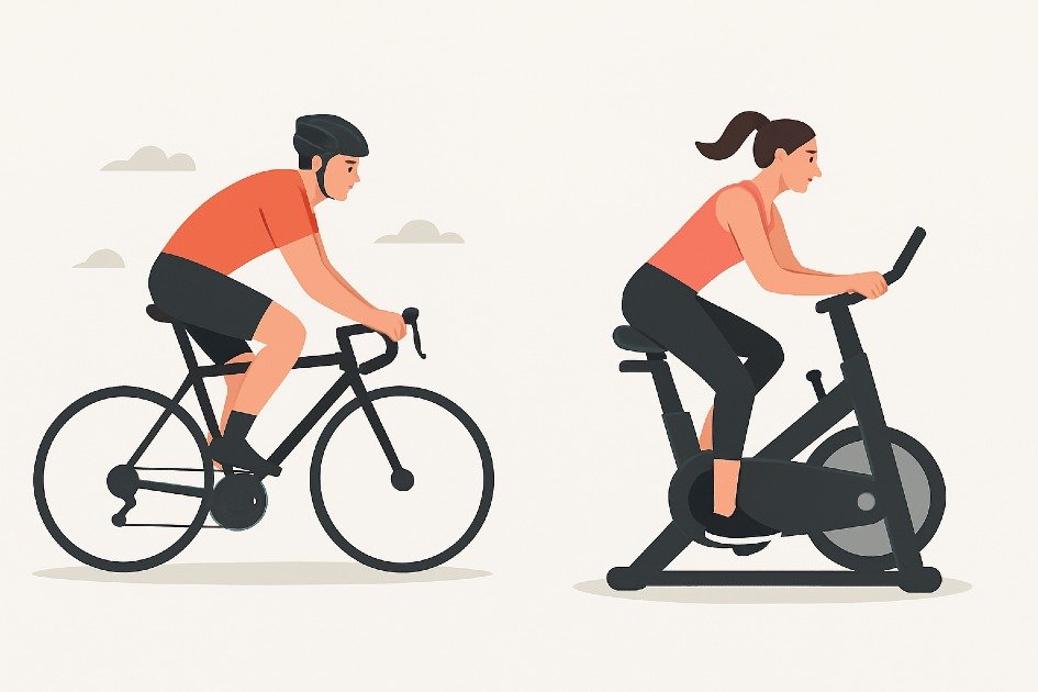 Man and woman cycling outdoors and on indoor stationary bikes for fitness and endurance
