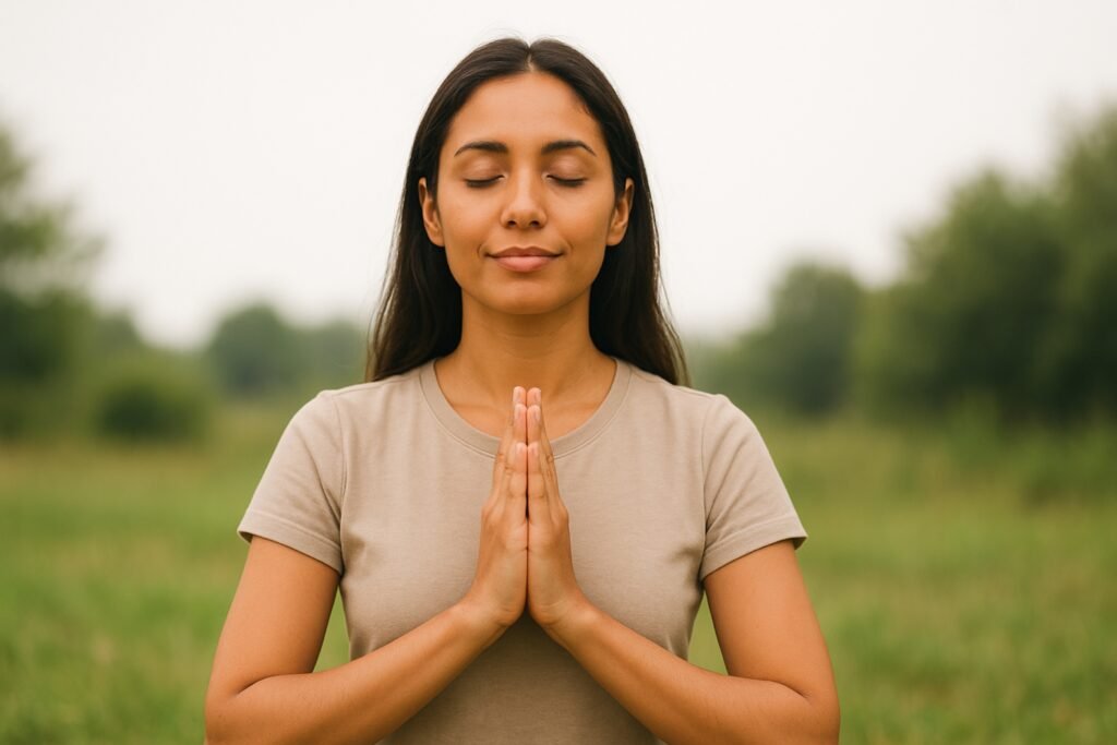 Woman practicing daily gratitude and mindfulness outdoors, radiating calm and focus.
