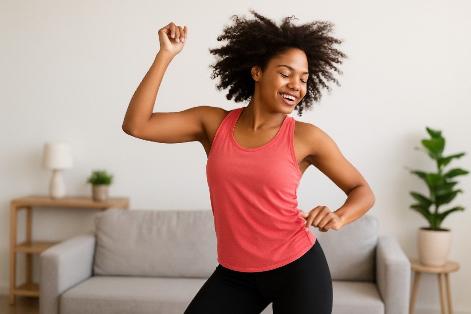 Woman enjoying an energetic dance workout at home, turning cardio into a fun fitness routine.