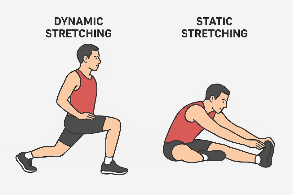 Athlete performing dynamic vs static stretching side by side to highlight flexibility benefits