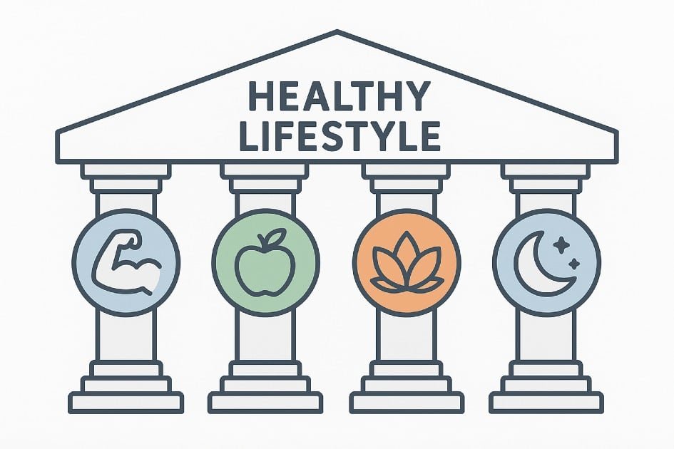 Illustration of essential pillars supporting a balanced and healthy lifestyle with fitness, nutrition, and wellness icons