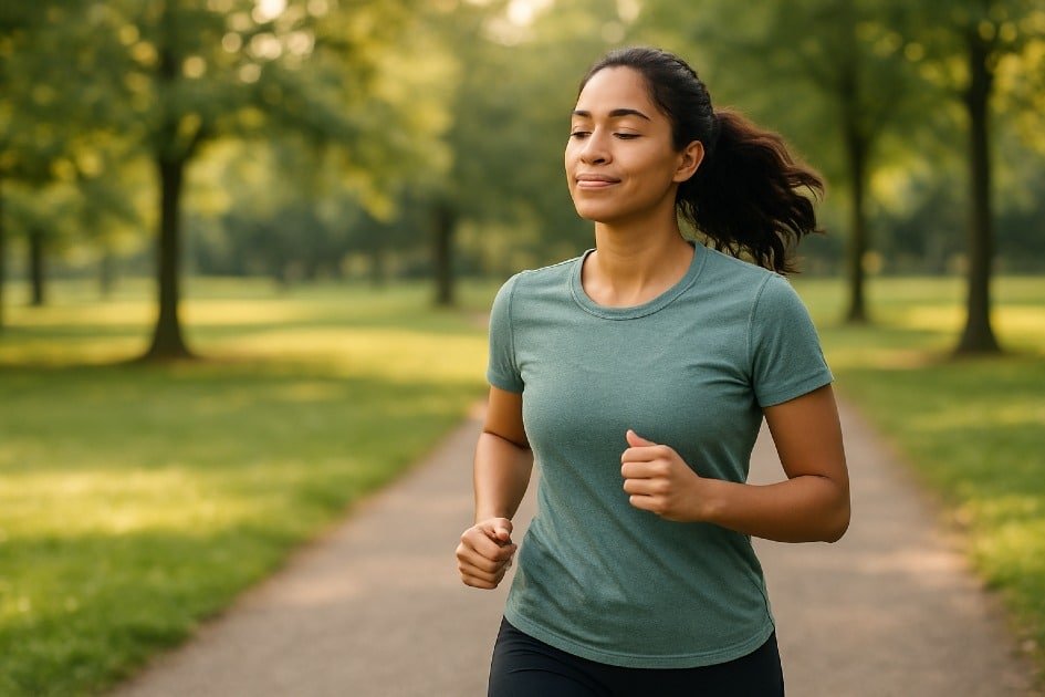 Woman jogging outdoors, using exercise to manage stress naturally;  boosting mental health and energy.