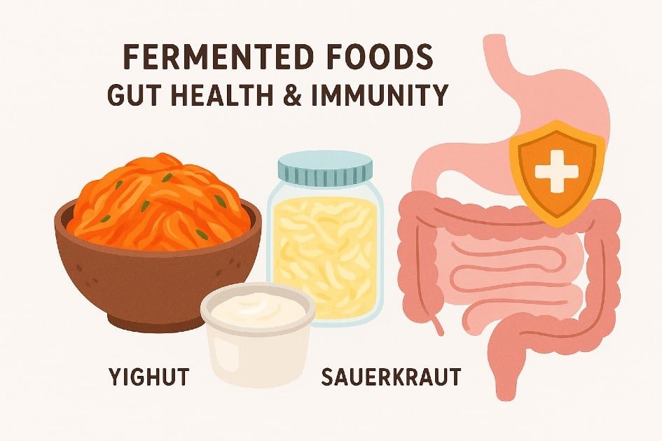 Fermented foods like kimchi, yogurt, and sauerkraut boosting gut health and immunity