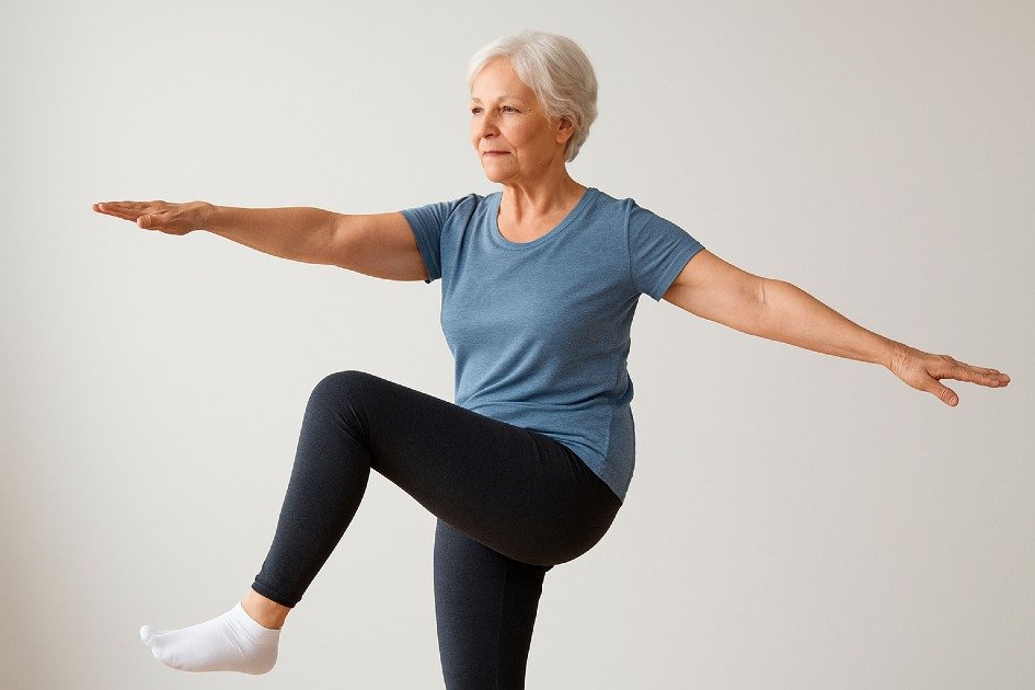 Older adult practicing balance and flexibility exercises to prevent falls and improve stability.
