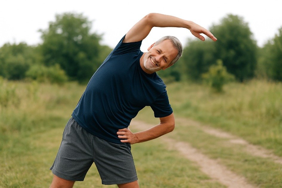 Active adult stretching outdoors to improve flexibility and mobility for daily movement.