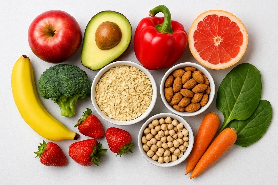 Colorful assortment of natural weight-loss foods including fruits, vegetables, and nuts.