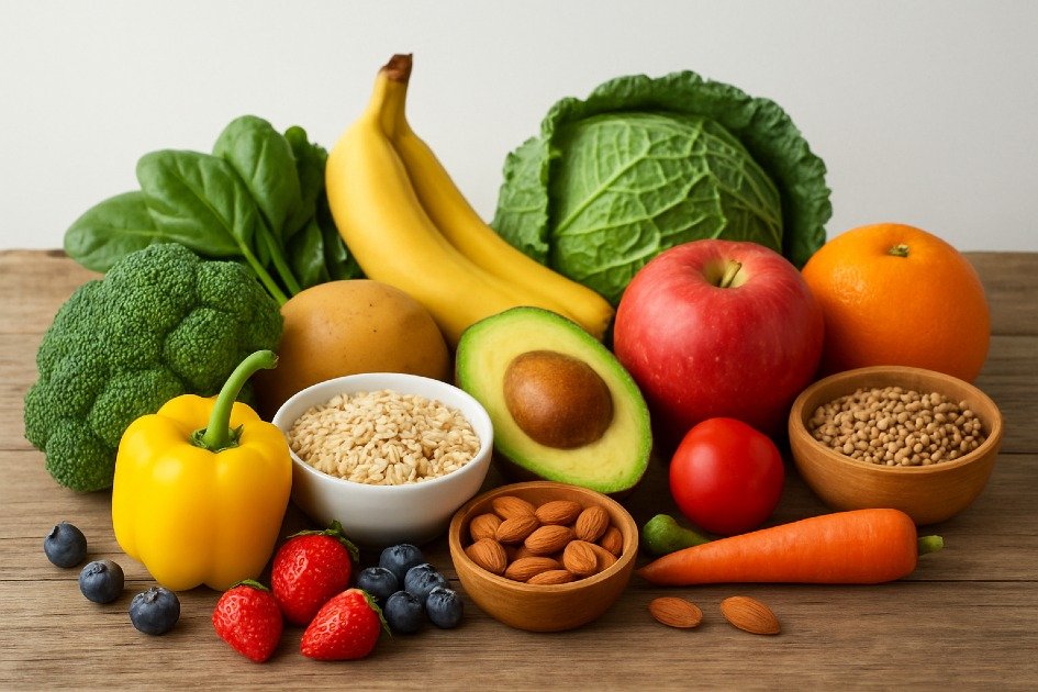 Colorful assortment of fresh fruits, vegetables, and whole foods on a wooden table, representing healthy nourishment.