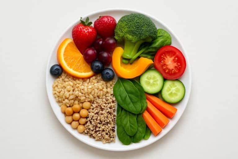 Colorful healthy eating plate with fruits, vegetables, and whole foods